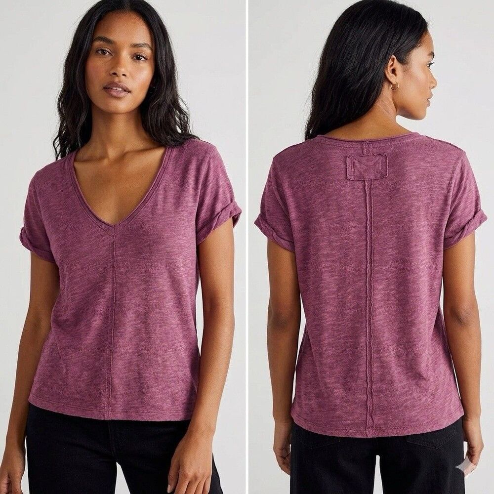 Free People We The Free T Shirt Women M Maroon V Neck Boho Casual Rolled Sleeves